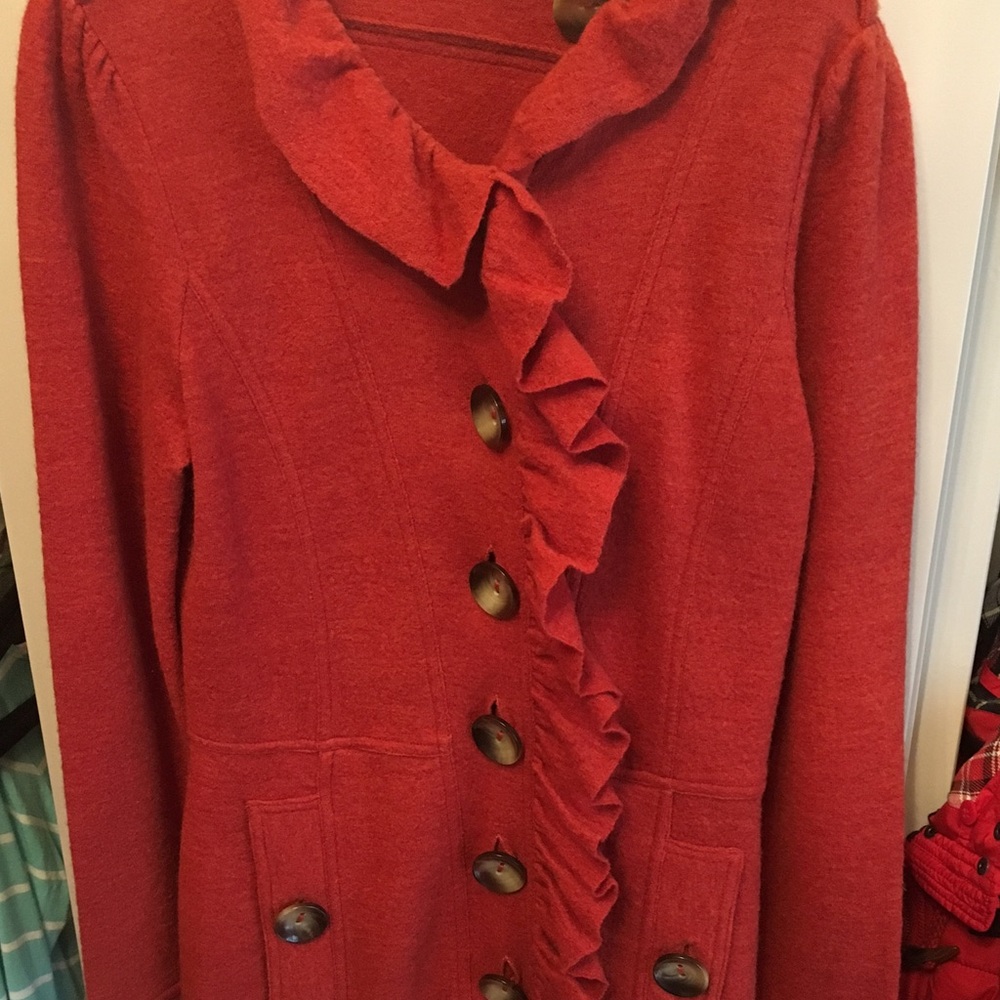 Anthropologie Red Ruffle Front Cardigan Sweater